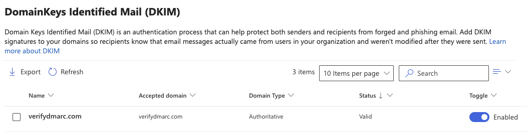 DKIM Valid and Enabled for a domain in the Microsoft Defender Portal